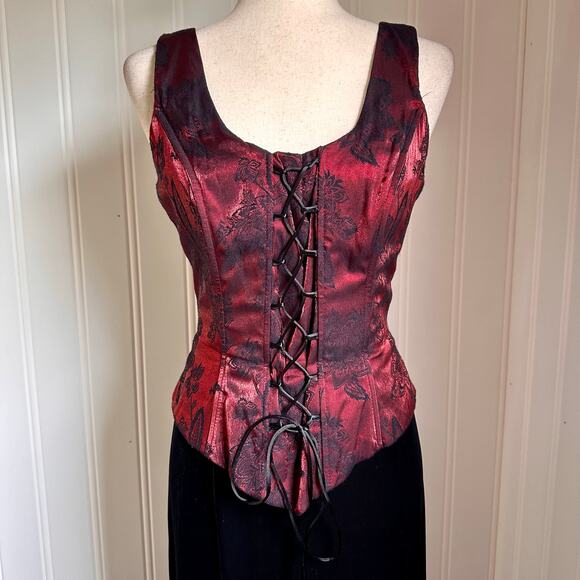 Vintage 90s Goth Vamp Red Corset Velvet Maxi Gown L - Picture 1 of 7